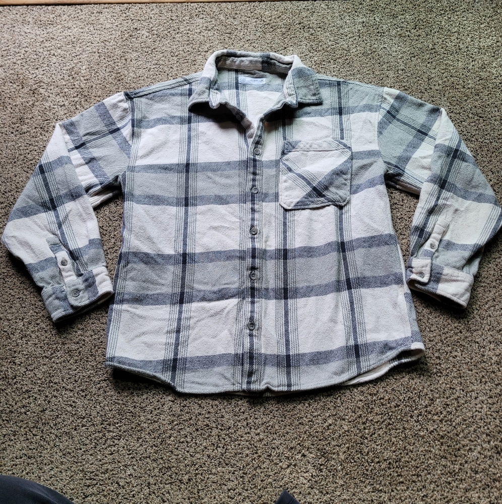 Zara Womens Plaid Flannel 13-14 M Grey White Heavy 100% Cotton Fall Country